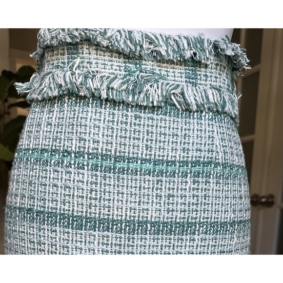 Tory Burch Nora Skirt Size 8 Green White Tweed Fringe Trim Designer Women's - Picture 7 of 12